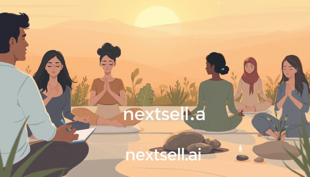 People sitting in a quiet circle, practicing mindfulness at golden hour