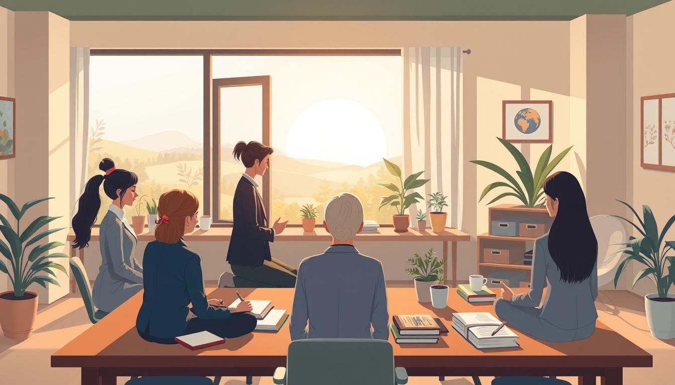 A small group practicing reflective journaling together in a calm, sunlit room